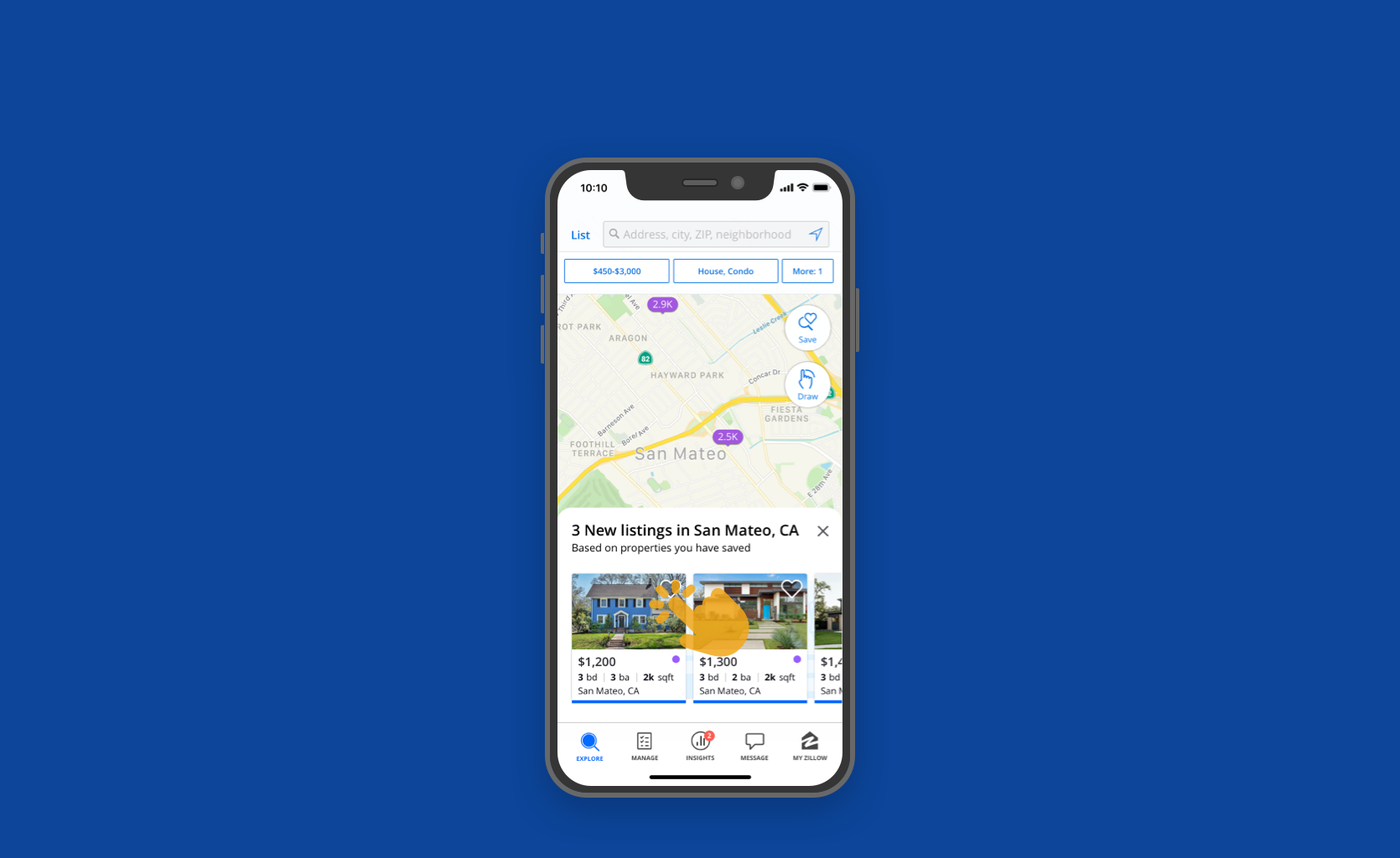 ⨳ She sees that Zillow has sent her an update on new responses and personalized information around her search, that encourages her to download the rental app.
