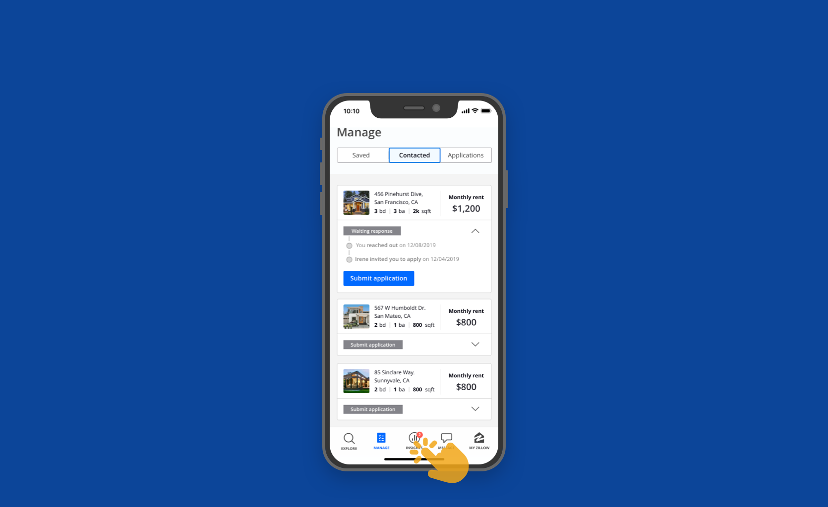 ⨳ On the home experience, she sees that the insights tab is taking center stage on the nav with an alert, she then decides to tap into it.