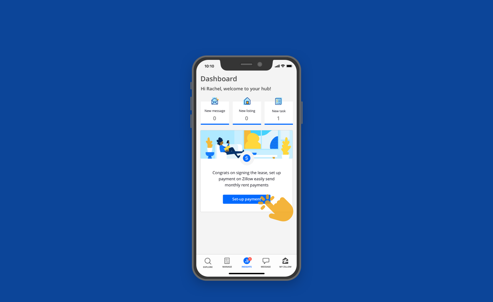 ⨳ Zillow recommends her to set up her monthly payment for the rental she just signed a lease for.